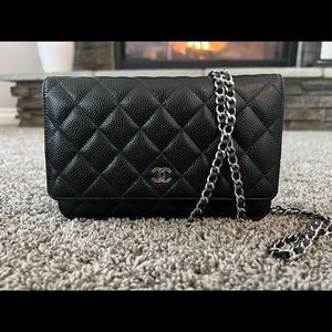 2021 Chanel black caviar woc wallet on chain with silver hardware
